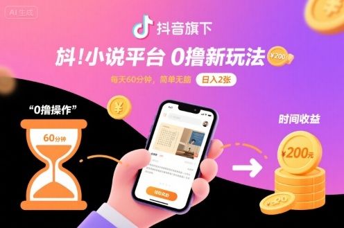 抖音旗下小说平台0撸新玩法，每天挂G60分钟，简单无脑，日入2张【揭秘】-可燃