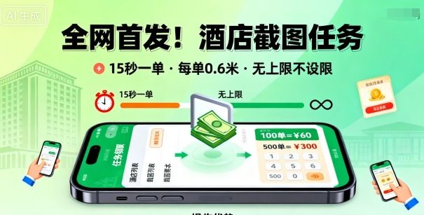 全网首发！酒店截图任务，15秒一单，每单0.6米，任务无上限不设限，矩阵操作单日3张到手-可燃