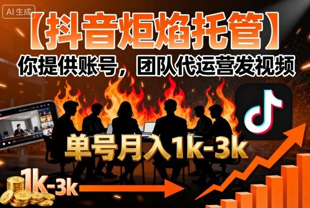 抖音炬焰托管你提供账号，团队代运营发视频，单号月入1k+【揭秘】-可燃