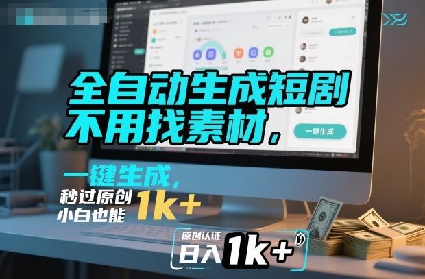 全自动生成短剧，不用找素材，不用剪辑，一键生成，秒过原创，小白也能轻松日入1k+-可燃