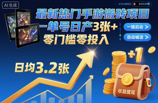 最新热门手游搬砖项目，一键自动化挂G，单号日产3张+，零门槛零投入-可燃
