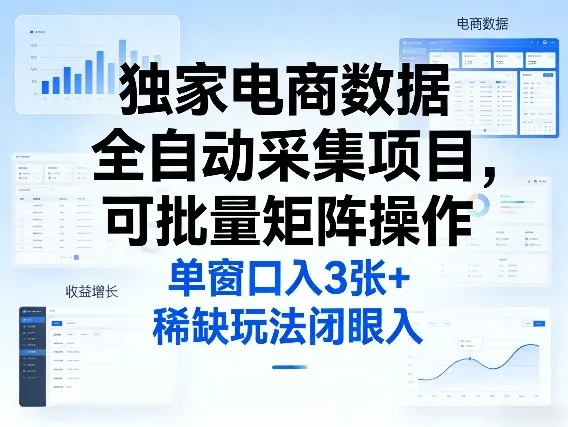独家电商数据全自动采集项目，可批量矩阵操作，单窗口日入3张+，稀缺玩法闭眼入-可燃