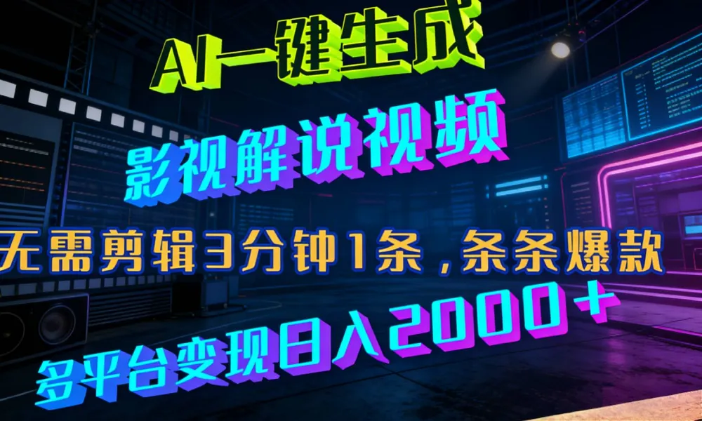 最新AI一键生成影视解说视频，无需剪辑3分钟1条，条条爆款，多平台变现日入2000+-可燃