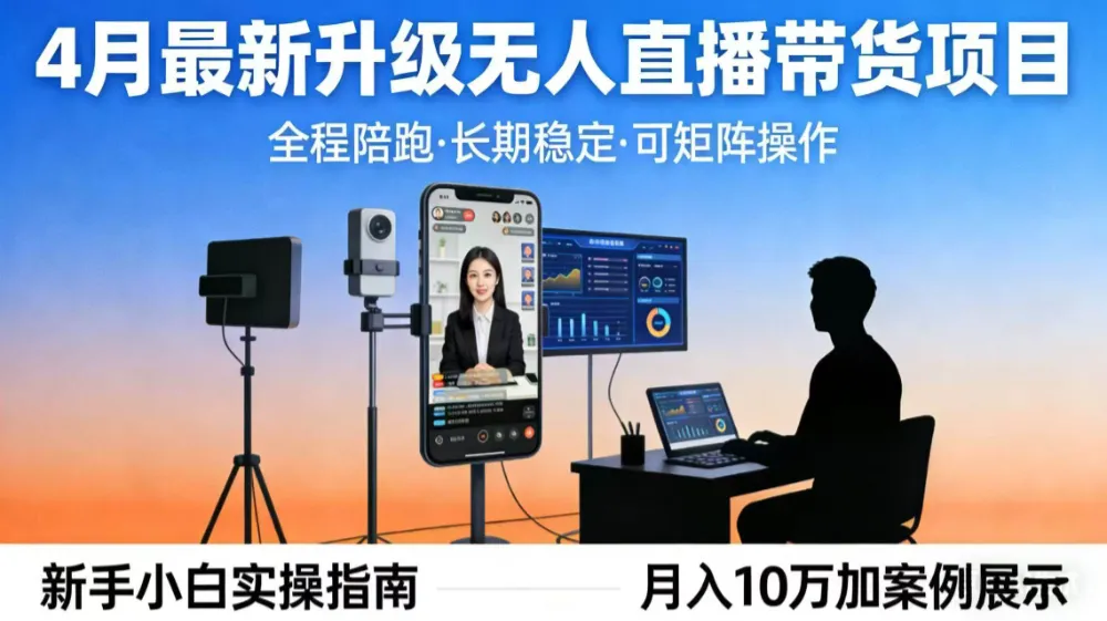 4月最新升级 无人直播 带货 全程陪跑 长期稳定 可矩阵 每天半小时新手小白实操月入 十万-可燃