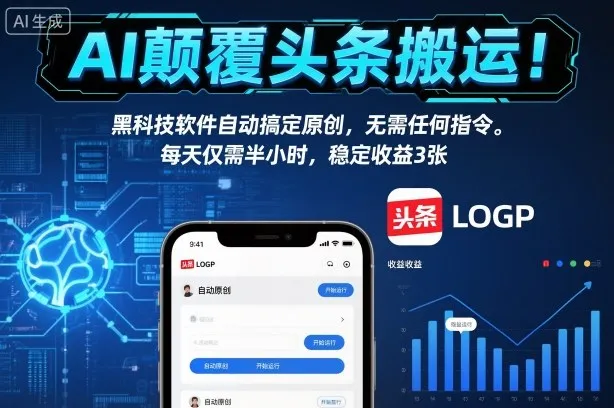 AI颠覆头条搬运！黑科技软件自动搞定原创，无需任何指令。每天仅需半小时，稳定收益3张-可燃