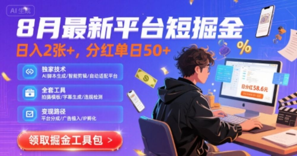 8月最新平台短剧掘金，日入2张+，分红单日 50+，独家技术，脚本及全套工具【揭秘】-可燃