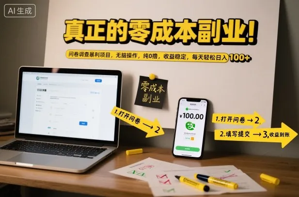 真正的零成本副业！问卷调查暴利项目，无脑操作，纯0撸，收益稳定，每天轻松日入100+-可燃