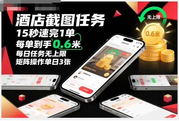 酒店截图任务，15秒速完1单，每单到手0.6米，每日任务无上限，全网首发玩法，矩阵操作单日3张-可燃