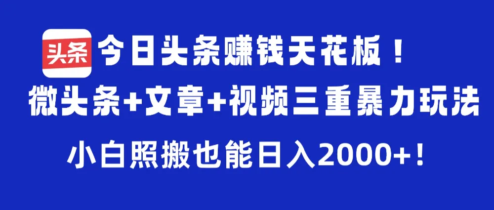 今日头条赚钱天花板！微头条+文章+视频三重暴力玩法，小白照搬也能日入2000+-可燃