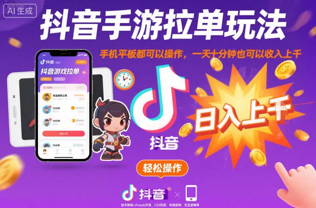 抖音手游拉单玩法，手机平板都可以操作，一天十分钟也可以收入上K-可燃