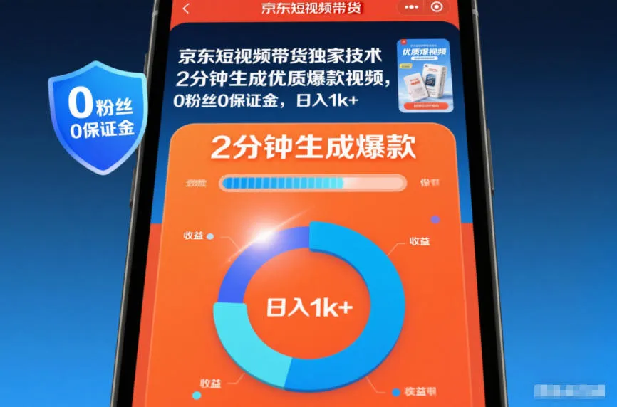 京东短视频带货独家技术,2分钟生成一条优质爆款视频,0粉丝0保证金,日入1k+-可燃
