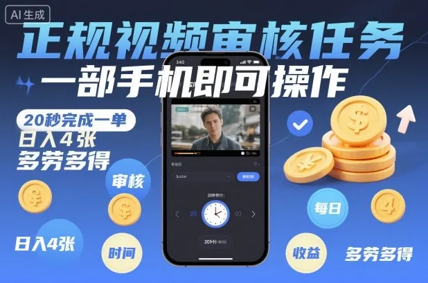 正规视频审核任务，一部手机即可操作，20秒完成一单，日入4张，多劳多得-可燃