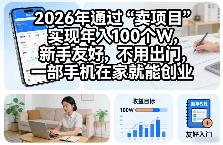 2026年通过“卖项目”实现年入100个W，新手友好，不用出门，一部手机在家就能创业-可燃