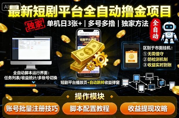 最新短剧平台全自动挂G撸金项目,单机一天3张+,多号多撸,区别于市面所有挂机项目,独家方法-可燃