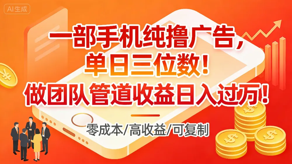 一部手机纯撸广告，单日三位数！做团队管道收益日入过万！-可燃