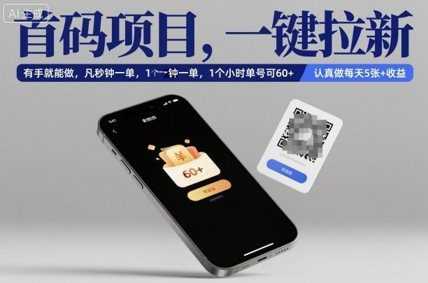 首码项目，一键拉新，有手就能做，几秒钟一单，1个小时单号可60+，认真做每天5张+收益-可燃