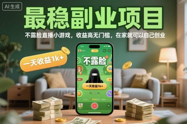 最稳副业项目，不露脸直播小游戏，收益高无门槛，一天收益1k+，在家就可以自己创业-可燃