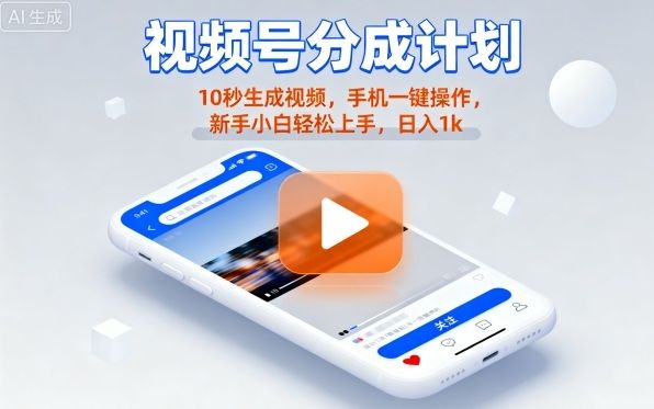 视频号分成计划懒人玩法，10秒生成视频，手机一键操作，新手小白轻松上手，日入1K-可燃