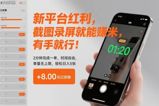 新平台红利，截图录屏就能賺米，有手就行！2分钟完成一单，时间自由，单量无上限，轻松日入5张-可燃