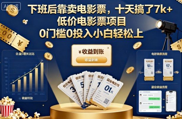下班后靠卖电影票，十天搞了7k+，低价电影票项目，0门槛0投入小白轻松上手-可燃