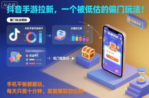 抖音手游拉新，一个被低估的偏门玩法！手机平板都能玩，每天只需十分钟，就能賺取四位数-可燃