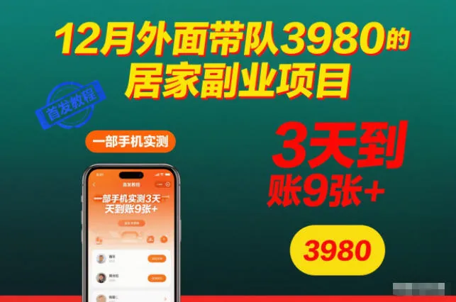 12月外面带队3980的居家副业项目,一部手机实测3天到账9张+,首发教程-可燃