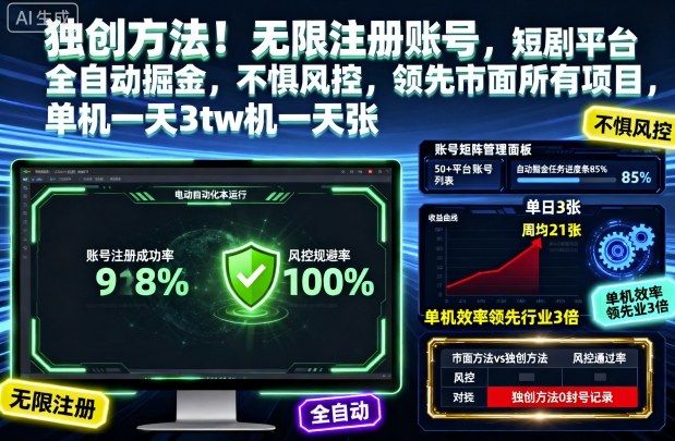 独创方法！无限注册账号，短剧平台全自动掘金，不惧风控，领先市面所有项目，单机一天3张-可燃